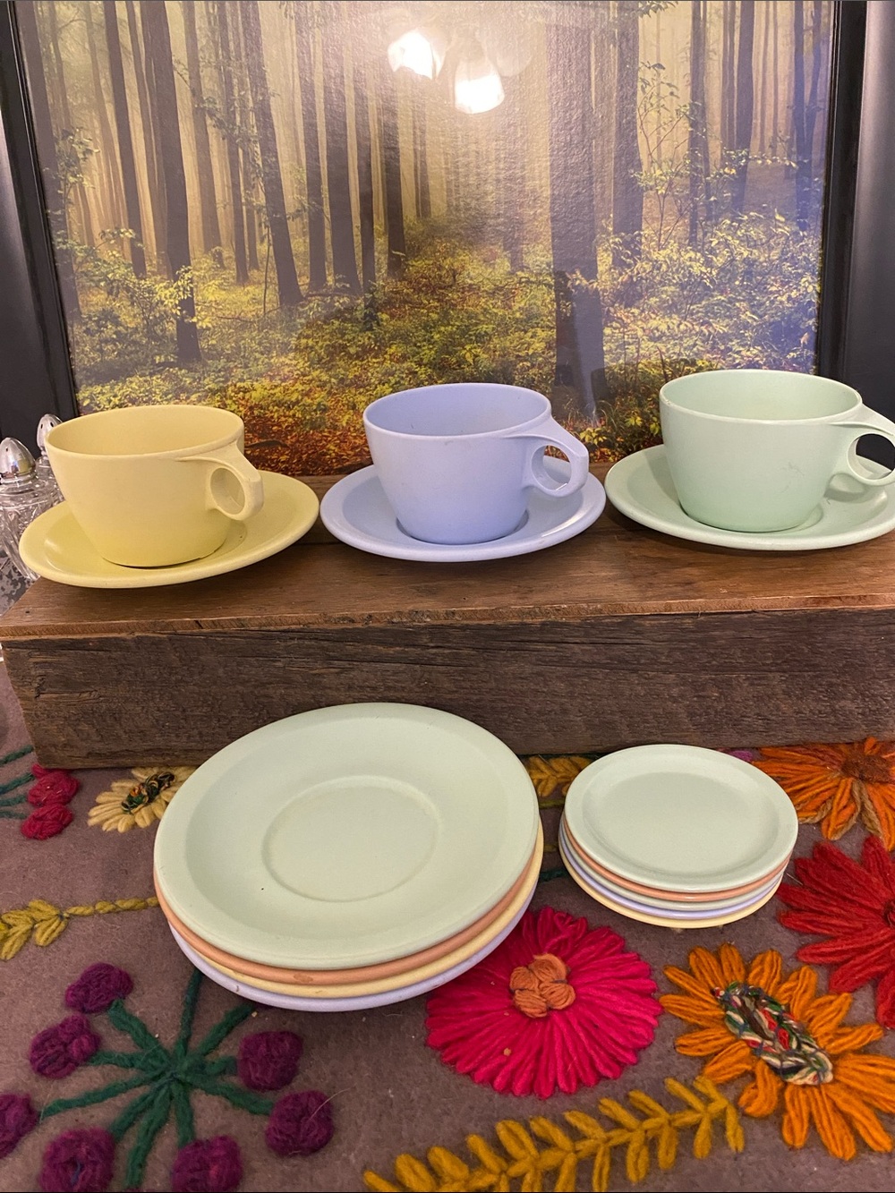 Texas Ware Tea Cup and Saucer Set - Yellow, Light Blue, Mint, random pieces